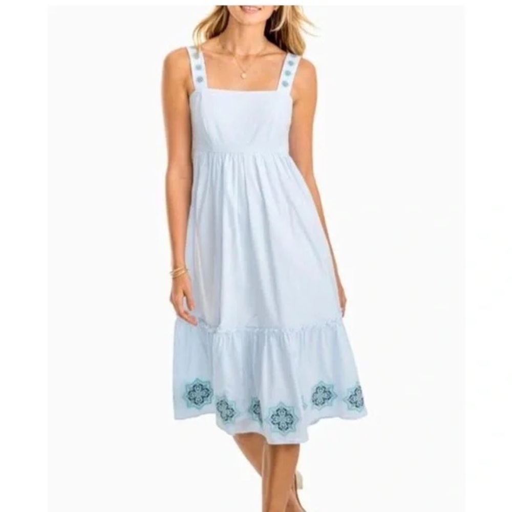 Southern Tide White Midi Dress with Blue Embroidery